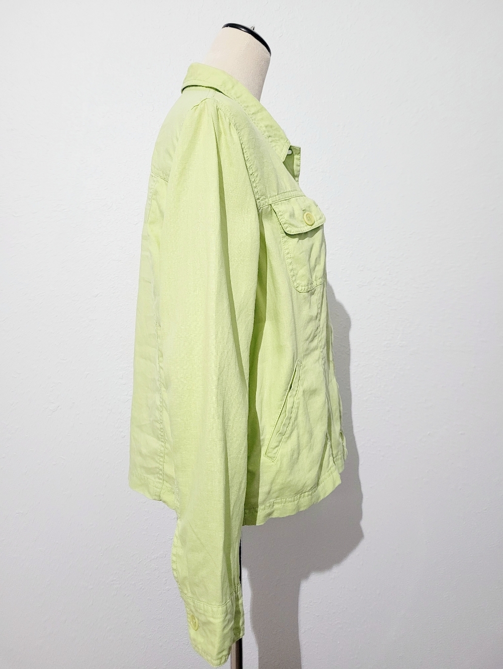 100% Linen Jacket Womens Size Large Green Button Front Utility Classic Casual - Picture 4 of 13